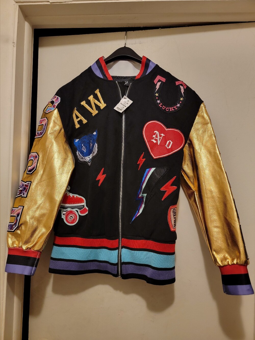 AKIRA Black & Gold Colorblock Patchwork Bomber Jacket with Multicolor Patches S